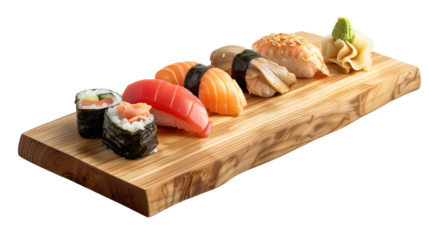 colourful sushi on wooden board, transparent background