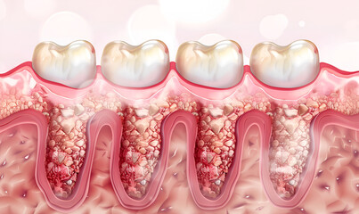 An illustration depicting the progression of periodontitis, with stages ranging from healthy gums to severe inflammation and gum recession