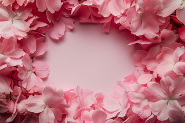 Delicate texture of cherry blossom petals around the frame, with a blank space in the center, showcasing their softness and pastel hues. 