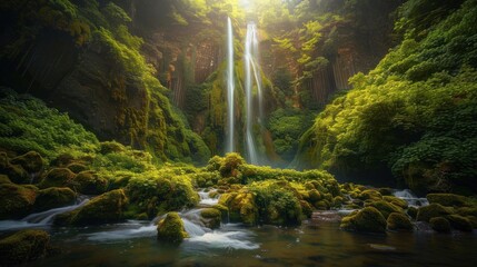 A lush forest, a majestic waterfall cascades into a tranquil pool. - obrazy, fototapety, plakaty