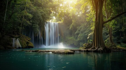 A lush forest, a majestic waterfall cascades into a tranquil pool. - obrazy, fototapety, plakaty