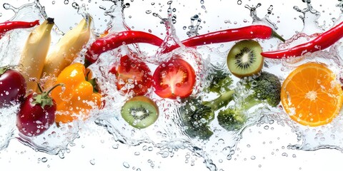 Tomato, oranges, bell pepper, red chili, kiwi, broccoli, eggplant, banana, red capbage, sinking in...