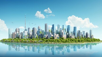 Modern 3D cityscape visualization with emphasis on sustainability and green buildings, set against a clear blue sky with copy space