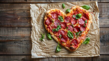 Capture the essence of love with a heart shaped Italian pizza adorned with savory salami set against a rustic wooden table background on parchment paper This delightful creation embodies th - Powered by Adobe