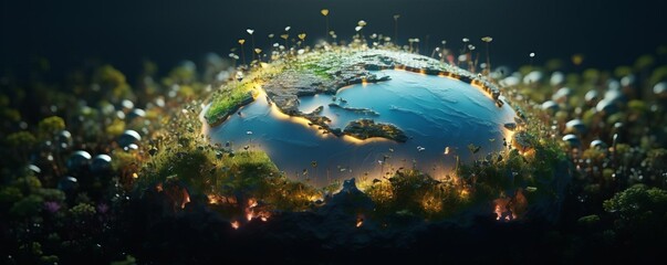Conceptual 3D Earth with glowing zones indicating biodiversity hotspots, aimed at promoting conservation efforts globally