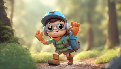 A cute friendly 3d hiking character waving to the camera.