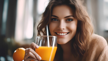 Happy young woman with expressive eyes drinking orange juice