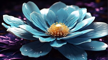 Vector illustration of a beautiful blue flower featuring light petals and iridescent pearlescent colors set against a dark background, Type of Image: Digital illustration, Subject Description: Floral  - obrazy, fototapety, plakaty