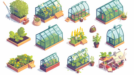 Bundle of various glass greenhouses with plants flo