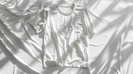 A white tshirt draped over a white cloth with a monochrome pattern