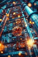 a cooling tower nuclear power station with icons of atoms with molecules and chemical element , symbols, in the style of bokeh panorama
