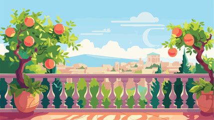 Fruit tree behind balustrade on sunny summer day wi - obrazy, fototapety, plakaty