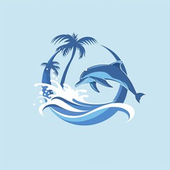 Obraz premium Two Dolphins Jumping With Palm Trees in the Background
