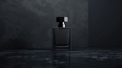 men's perfume bottle with a clean and austere design on a plain, matte black background. Mockup for design