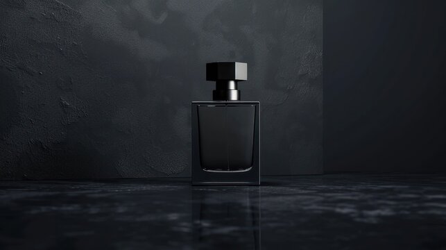 men's perfume bottle with a clean and austere design on a plain, matte black background. Mockup for design
