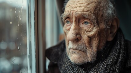 A portrait of an aged poet with a sorrowful expression, sitting by a window with soft light filtering through - Generative AI - obrazy, fototapety, plakaty