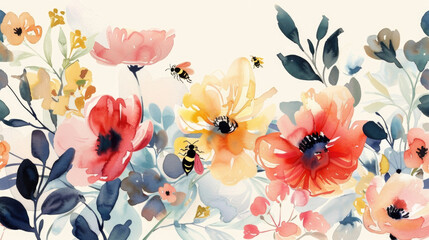 Vibrant Watercolor Painting of Flowers and Bees