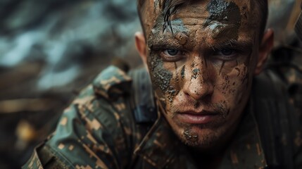A soldier in uniform, sitting against a war-torn backdrop, his face showing fatigue and sadness - Generative AI