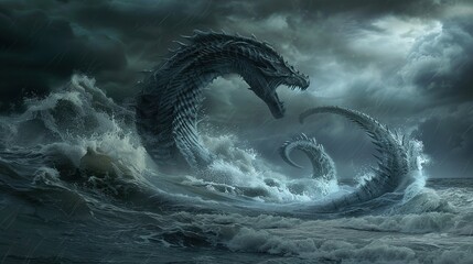 Sea serpent, Leviathan, rising from ocean