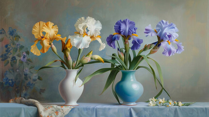 Elegant Still Life of Irises in Vases on a Draped Table