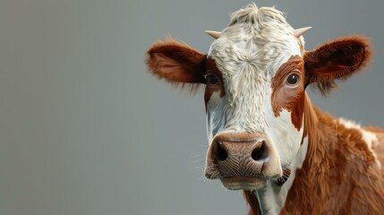 A beautiful cow with a white and brown coat is looking at the camera. The cow is standing in a field of green grass and flowers. - Powered by Adobe