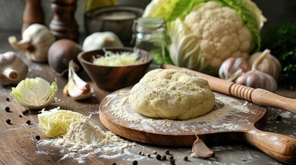 Fototapeta premium Photo of dough cooked cabbage and rolling pin on a table