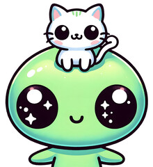 Fototapeta premium Adorable Kawaii Illustration of a Green Alien with Sparkling Eyes and a White Cat on Its Head