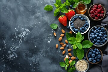 Healthy eating. Fresh berries and fruits on a dark background with copy space, top view