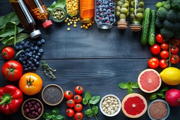 Healthy eating. Fresh berries, vegetables and fruits on a dark background with copy space, top view