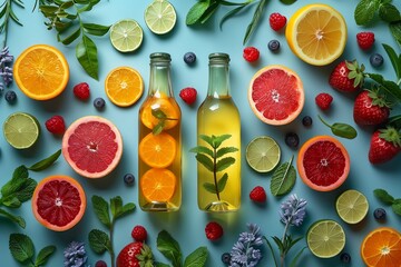 A colorful assortment of fruits and herbs are displayed on a blue background. Concept of freshness...