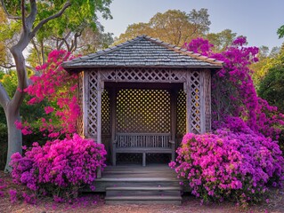 A small gazebo with a bench and a row of pink flowers. The flowers are in full bloom and the gazebo is surrounded by bushes. Scene is peaceful and serene, as the flowers - obrazy, fototapety, plakaty