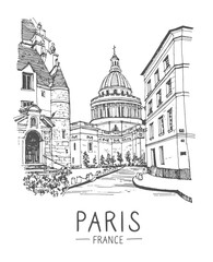 Obraz premium Travel sketch illustration of The Pantheon, Paris, France, Europe. Sketchy line art drawing with a pen on paper. Sketch in black color isolated on white background. Freehand drawing. Vector