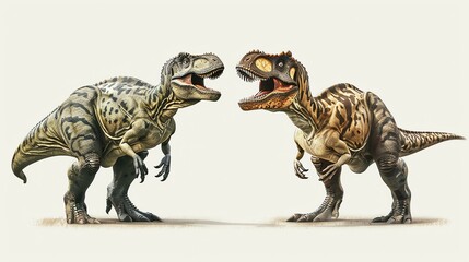 Two large dinosaurs facing each other, with their mouths open and ready to attack. They are both standing on a rocky surface.