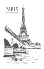 Vector illustration of Eiffel Tower and the river Seine, Paris, France, Europe. Freehand drawing. Sketchy lineart drawing with a pen on paper. Sketch in black color isolated on white background.