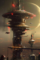 Futuristic Sci-Fi Scene With Intergalactic Spaceship Landing - obrazy, fototapety, plakaty