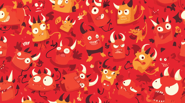 Funny red devil flat vector seamless pattern. Comic