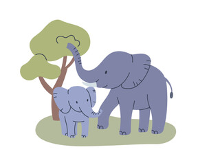 Elephant and baby calf standing on grass with tree. Flat cartoon style vector illustration isolated on white background