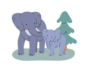 Elephant and baby calf standing on grass with tree. Flat cartoon style vector illustration isolated on white background