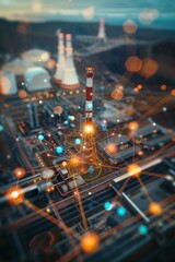 a cooling tower nuclear power station with icons of atoms with molecules and chemical element , symbols, in the style of bokeh panorama
