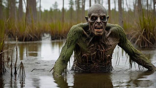 portrait of a sinister hybrid creature coming out of the mud lake