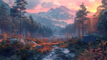 the fading light of day, the mountain landscape is transformed into a scene of ethereal beauty, with forests and rocks illuminated by the soft hues of the setting sun.