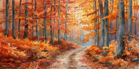 Autumnal Watercolor Forest Path Art