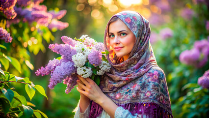 Beautiful woman in headscarf holding lilac flowers