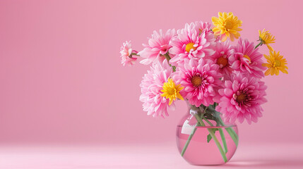 Vibrant Bouquet of Pink and Yellow Flowers in a Glass Vase Against a Soft Pink Background