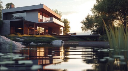 Obraz premium Modern Minimalist Dwelling: Large Glass Panels Frame Green Park Views, 3D Render