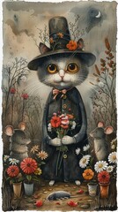 Whimsical Cat With Mice Illustration - obrazy, fototapety, plakaty