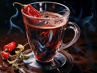 A cup of coffee with a red chili pepper in it. The coffee is steaming and there are two more chili peppers on the table next to the cup. - obrazy, fototapety, plakaty