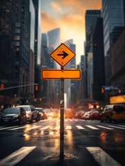 Closeup of a street sign at a crossroad against a bustling city backdrop, with a blurred background to emphasize the sign - obrazy, fototapety, plakaty