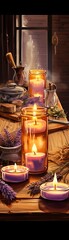 A cozy still life of candles and lavender on a wooden table - obrazy, fototapety, plakaty