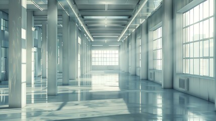 The image is of the interior of a large, modern building. It is brightly lit and has a polished concrete floor. - Powered by Adobe